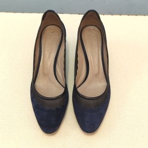 Chloé almond toe low pumps, blue suede and black mesh